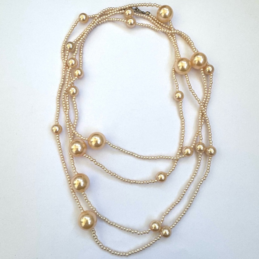 1996 Vintage Long Strand Beaded Necklace. Rose Color Pearl Beads.